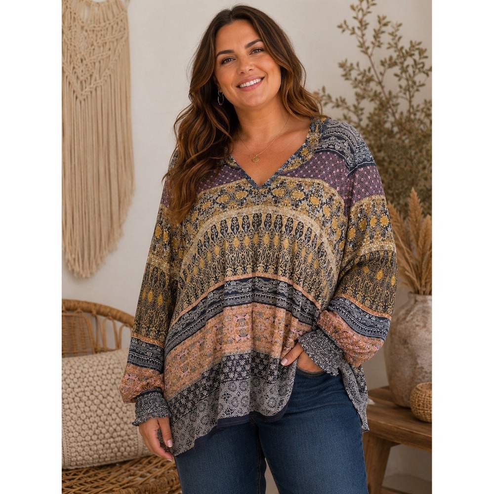 LUCKY BRAND Women's Boho Patchwork Print Longsleeve Blouse Large -2772